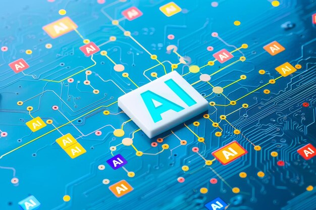 AI microchip integrated into a blue circuit board with glowing elements representing advanced artif