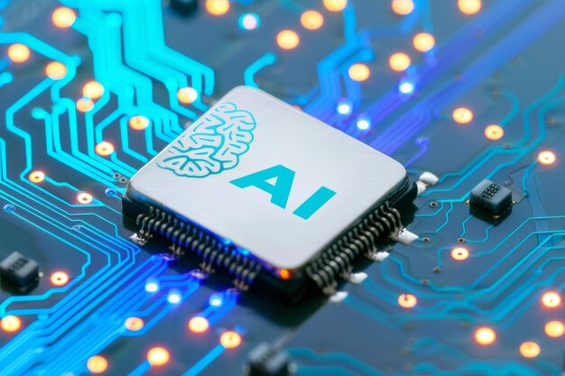 Photo ai microchip with glowing circuits on a blue motherboard symbolizing advanced artificial intellige