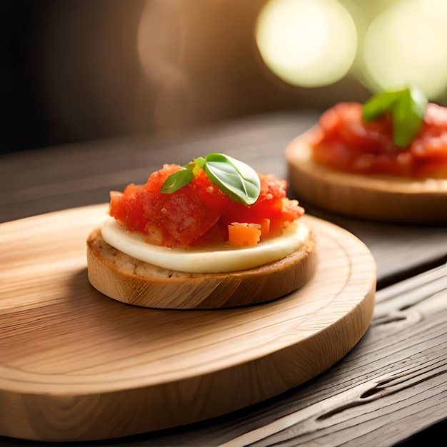 Ai photo illustration of a delicious bruschetta on a wooden board in a rustic kitchen with natural