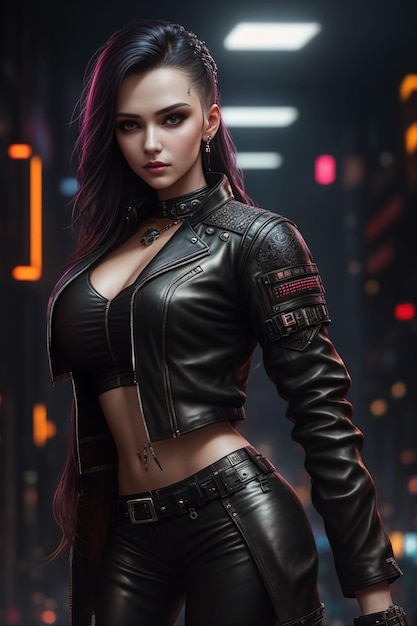 Ai portrait of a beautiful woman with leather jacket