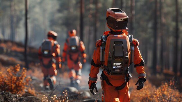 Photo ai powered robotic forest fire fighting squad in action