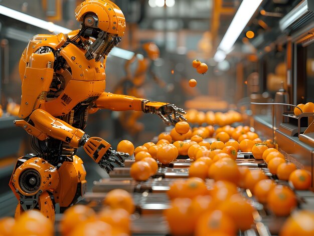 AI Powered Robotic Machinery Efficiently Producing Vibrant Orange Snacks in Futuristic Factory