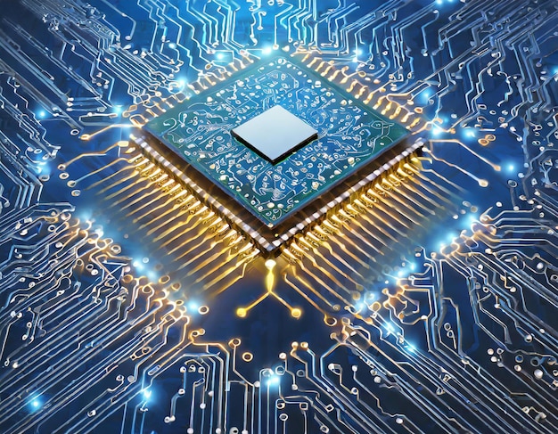 AI processor chipset with glowing connections on a blue circuit board