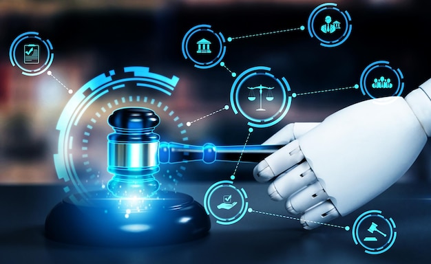 AI related law concept shown by astute robot hand using lawyer working tools