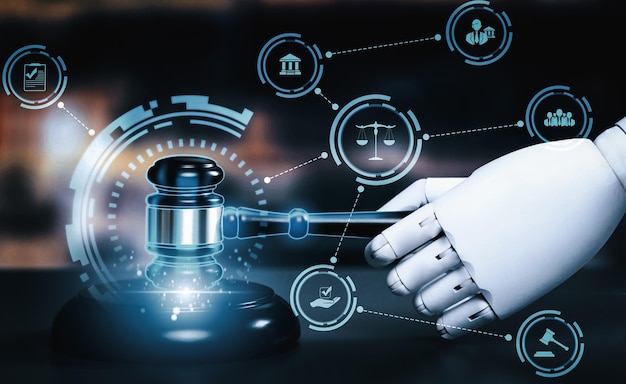 Photo ai related law concept shown by savvy robot hand using lawyer working tools