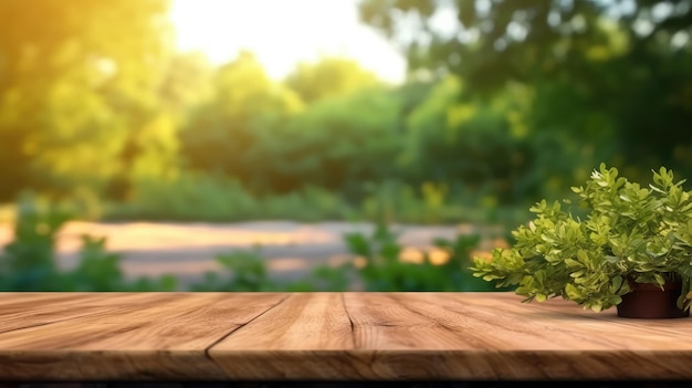 AI rendered wooden table top with soft focus garden backdrop