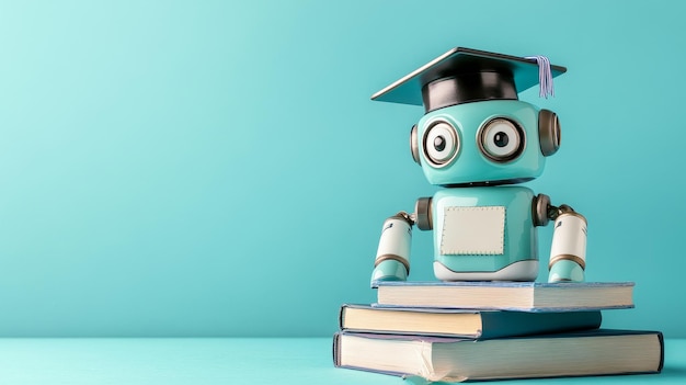 Photo ai robot graduate future of education concept a blue robot wearing a graduation cap sits at