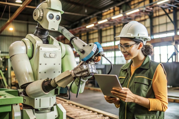 AI robot helping metall factory worker blank backround