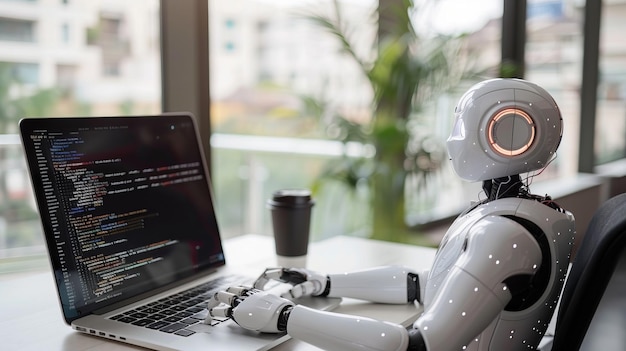 AI Robot Programming on Laptop in Modern Office Environment Futuristic technology at work A humanoid robot typing code on a laptop Technology innovation concept showing AI in action AI