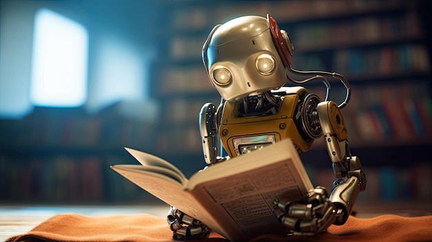 Ai robot reading book in library