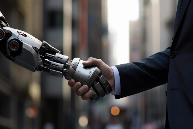 AI robot shake hand with business man business technology concept Generative AI