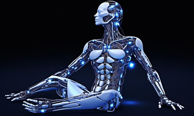 AI robot sitting with many cable on the body generative ai