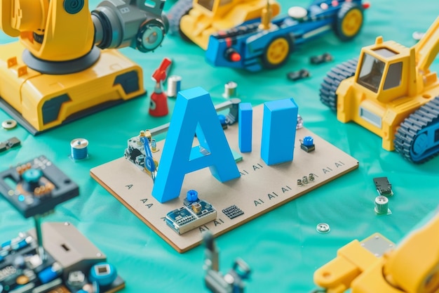 AI Robot Toy on Circuit Board with Blue Technology Elements