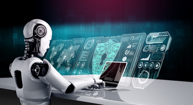 AI robot using cyber security to protect information privacy . Futuristic concept of cybercrime prevention by artificial intelligence and machine learning process . 3D rendering illustration .