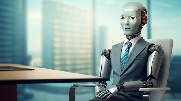 AI Robot waiting for job interview minimalist futuristic banner with copy space AI Generated