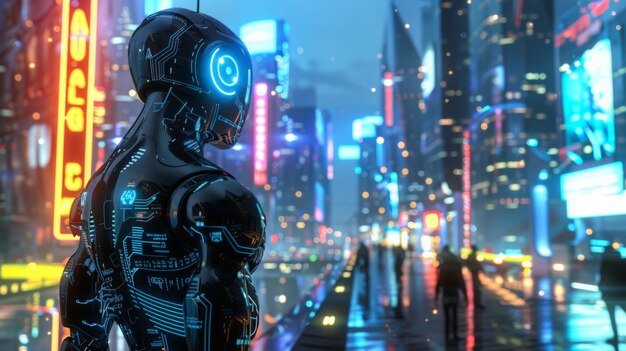 AI robot with glowing blue circuits in vibrant city