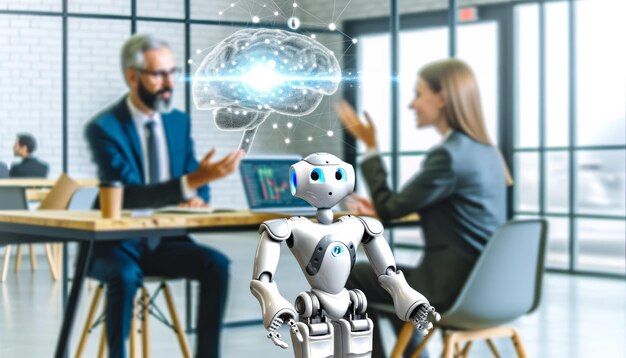 An AI robot with humans in an office environment with a focus on collaboration and innovation