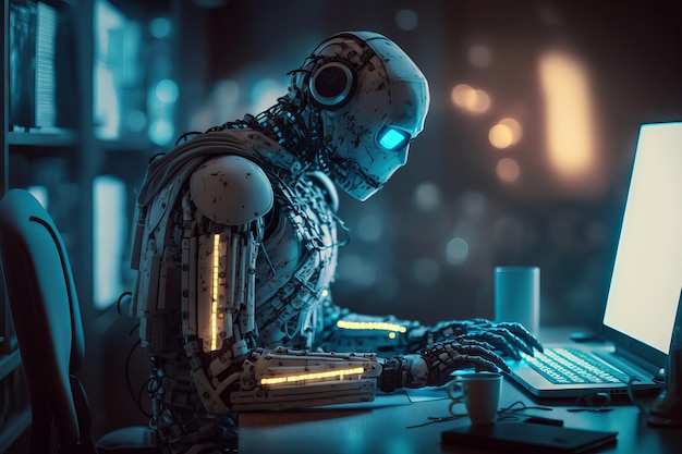 Ai Robot working with computer Futuristic Humanoid worker Generative Ai