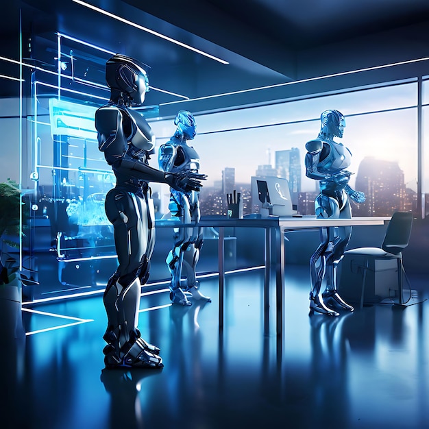 Photo ai robots revolutionizing the modern office seamless business collaboration