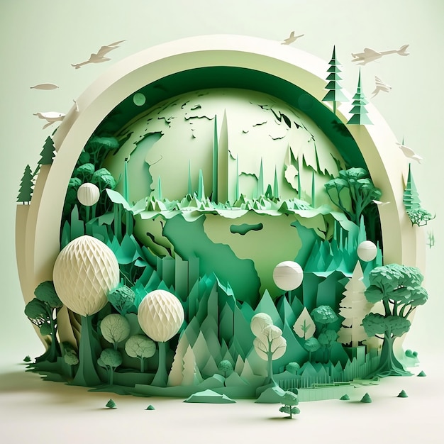 AI's Paper Cosmos A Futuristic Sphere of Green Earth Art with Crystal Forest Cities