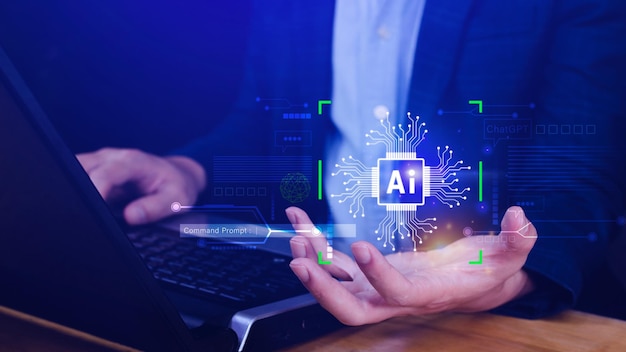 Ai tech Businessman using virtual graphic Global Internet connect Chatgpt Chat with AI Artificial Intelligence using command prompt for generates something Futuristic technology transformation