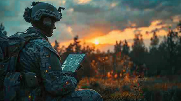 Photo ai technology in the army warfare analytic operator checking coordination of the military team military commander with a digital tablet device with artificial intelligence operating troops outdoors