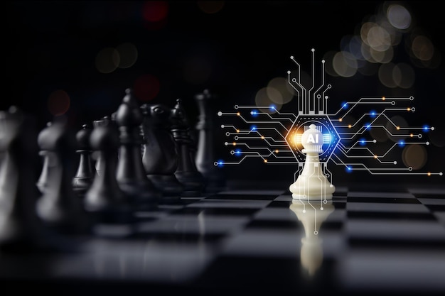 AI technology and intelligence innovation of computer brain and digital cyberspace concept, chess with virtual and futuristic icon