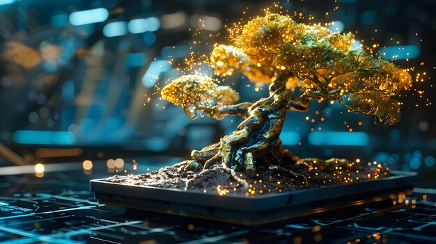 AI Tended Futuristic Digital Bonsai on Black Data Soil