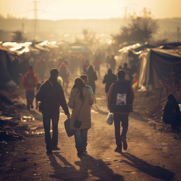 Photo aid workers assisting migrants in a resettlement camp soft natural light rural resettlement area background aar 64 job id 109a802ac80148d5af22ab49c66e335a