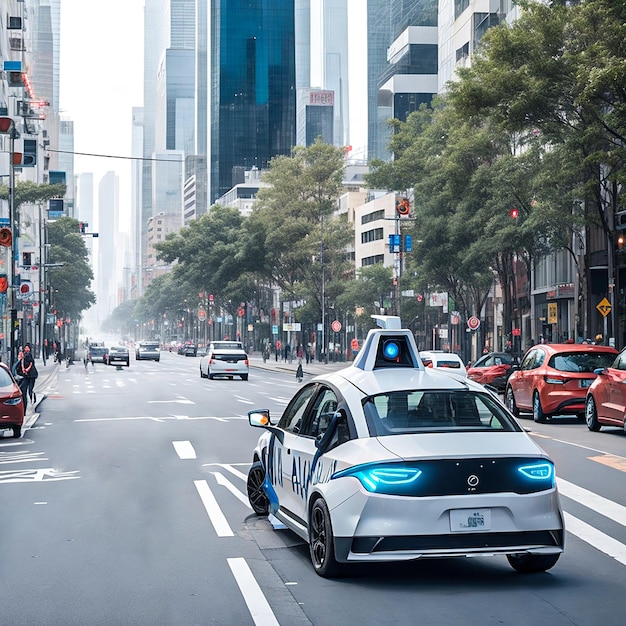 An AIdriven autonomous vehicle navigating through a busy city street