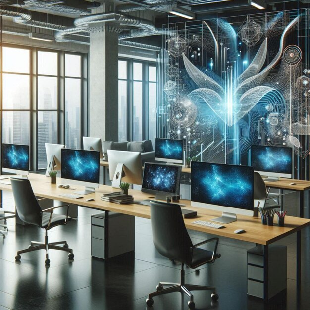 Photo aienhanced modern office spaces innovative desktop designs