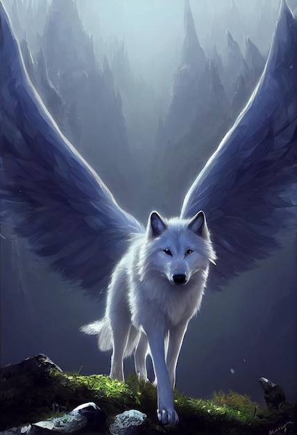 AIgenerated of a beautiful white wolf with spread wings