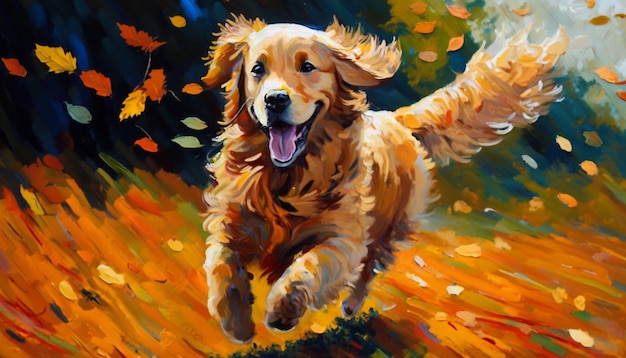 AIgenerated illustration of an active golden retriever running across a field of fallen leaves