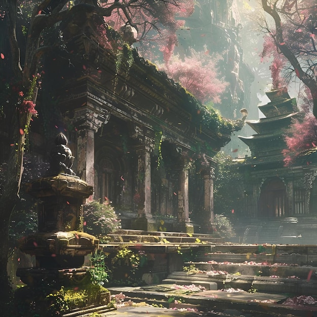 AIgenerated illustration of an Asian Temple surrounded by greenery