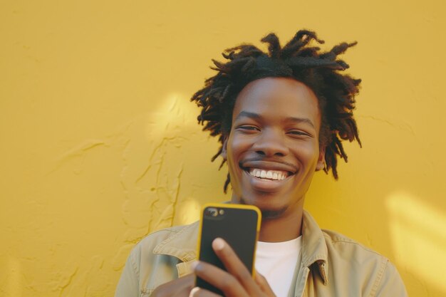 AIgenerated illustration of a cheerful African American man with dreadlocks using a smartphone