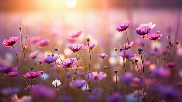 AIgenerated illustration of a field of lavender flowers illuminated by the warm light