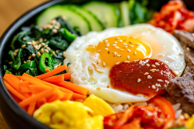 AIgenerated illustration of Korean Bibimbap bowl the colorful array of vegetables egg and beef