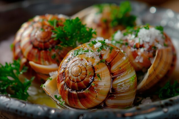 AIgenerated illustration of Several French Escargots on fresh green and white parsley