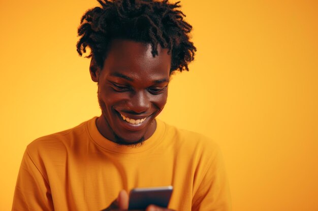 AIgenerated illustration of a young man texting on a smartphone against a yellow backdrop