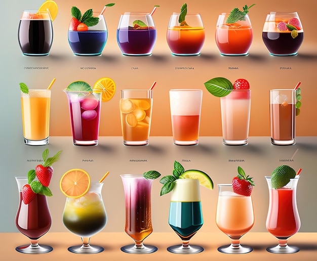 Aigenerated illustrations of colorful iced alcohol cocktails