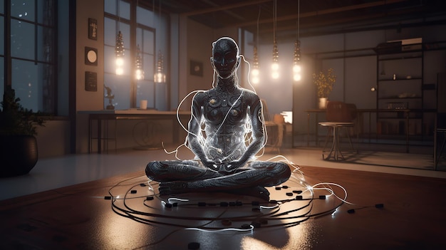 AIgenerated image showcases an android in lotus pose radiating tranquility in a modern home