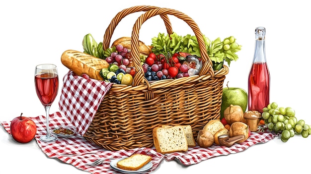 Photo aigenerated picnic basket illustration on white background in 169 ratio