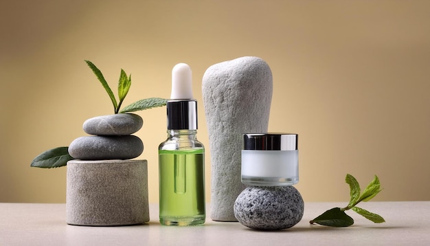 AIgenerated set of skincare beauty product packaging with gray stones and green tea ingredient