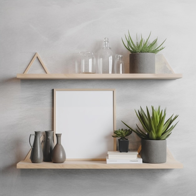 Photo aigenerated wall with shelves and objects with plants resource generated with artificial intelligence