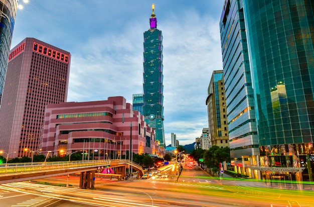 aipei city skyline and downtown buildings with skyscraper at Twilight time in Taiwan