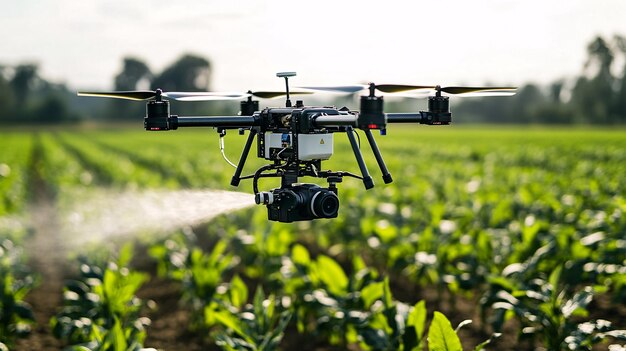 An AIpowered drone spraying nutrients over a field of crops The drone is equipped with precis