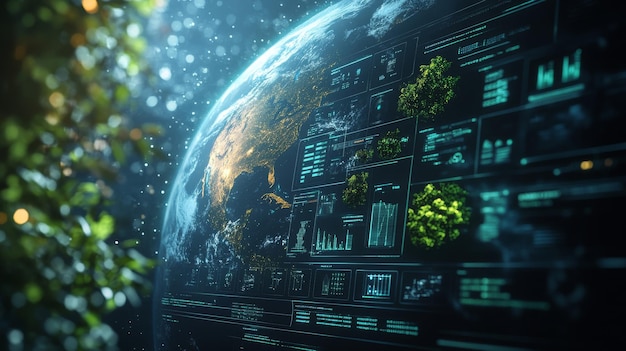 Photo aipowered environmental monitoring systems predicting climate changes a holographic interface showing realtime environmental data