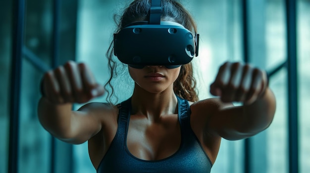 AIPowered Personalized Fitness Programs in Virtual Reality Users engaging in VR fitness programs tailored to their goals and abilities by AI