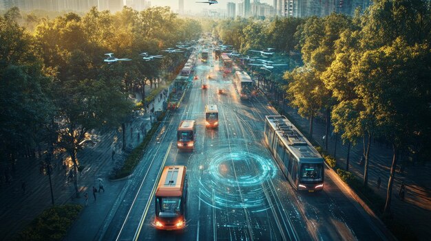 AIpowered public transportation systems managing both ground and aerial vehicles A futuristic transit system where AI directs buses trams and flying taxis in one seamless network