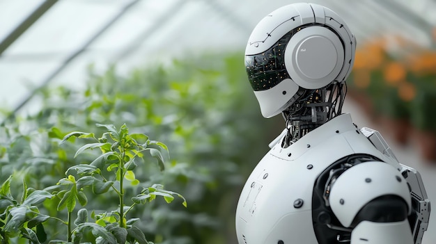 An AIpowered robot gardener tending to a futuristic greenhouse symbolizing sustainability